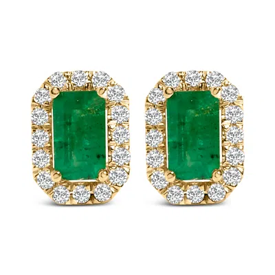 Haus Of Brilliance 14k Yellow Gold Green Emerald And 1/8 Cttw Diamond Halo Octagonal Shaped Stud Earrings