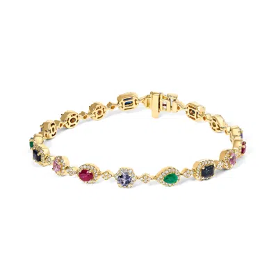 Haus Of Brilliance 14k Yellow Gold Multi-gemstone And Diamond Halo Rainbow Link Bracelet In Purple