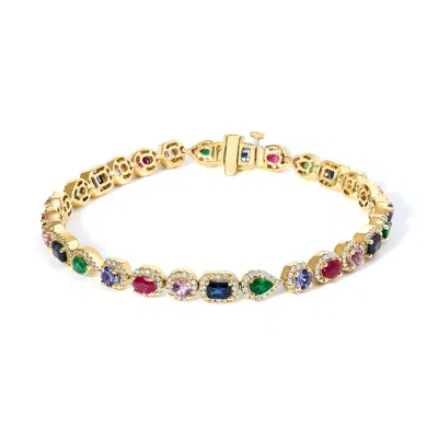 Haus Of Brilliance 14k Yellow Gold Multi-gemstone And Diamond Halo Rainbow Tennis Bracelet