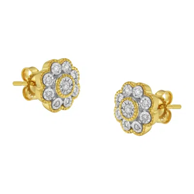 Haus Of Brilliance 14k Yellow Gold Plated .925 Sterling Silver 1/6 Cttw Miracle-plate Set Diamond Floral Stud Earrings