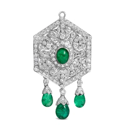 Haus Of Brilliance 18k 2 3/4 Cttw Diamond And Emerald Dangle Art Deco Shield Brooch Pin Pendant In White