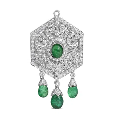 Haus Of Brilliance 18k 2 3/4 Cttw Diamond And Emerald Dangle Art Deco Shield Brooch Pin Pendant In White