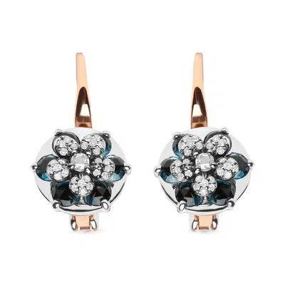 HAUS OF BRILLIANCE 18K ROSE AND WHITE GOLD 1/3 CTTW ROUND DIAMONDS AND ROUND LONDON BLUE TOPAZ GEMSTONE CLUSTER FLORAL 
