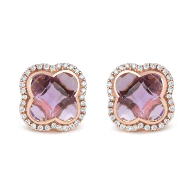 HAUS OF BRILLIANCE 18K ROSE GOLD 3/8 CTTW DIAMOND AND 11X11MM CLOVER-CUT PURPLE AMETHYST GEMSTONE CLOVER HALO STUD EARR