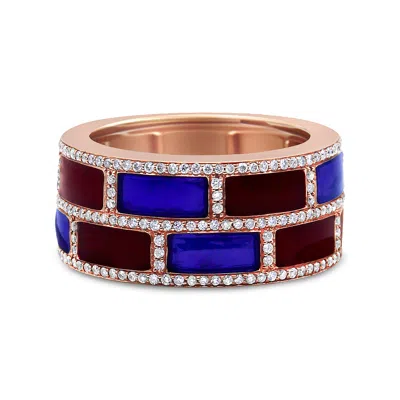 Haus Of Brilliance 18k Rose Gold Alternating Red And Blue Enamel And 1/2 Cttw Diamond Studded Band Ring In Multi