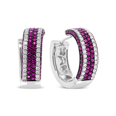 HAUS OF BRILLIANCE 18K WHITE GOLD 1 7/8 CTTW DIAMOND AND 1MM ROUND RED RUBY OPEN SWISH HOOP EARRINGS