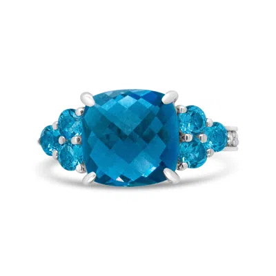 Haus Of Brilliance 18k White Gold 10mm Cushion Shaped Blue Topaz And 1/6 Cttw Diamond 3 Stone Style Ring