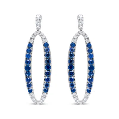 Haus Of Brilliance 18k White Gold 1.11 Cttw Blue Round Diamond And Blue Sapphire Openwork Oval Shaped Dangle Earrings In Multi