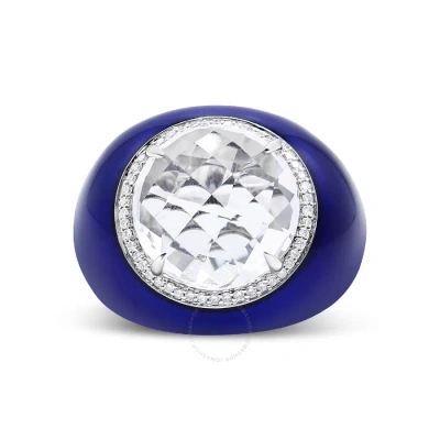 Haus Of Brilliance 18k White Gold 14mm White Quartz And 1/5 Cttw Diamond Halo With Blue Enamel Dome