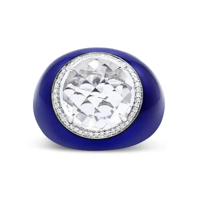 Haus Of Brilliance 18k White Gold 14mm White Quartz And 1/5 Cttw Diamond Halo With Blue Enamel Dome Ring