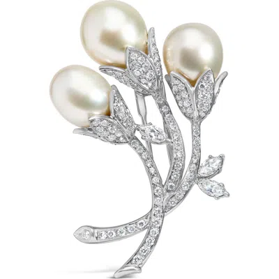 Haus Of Brilliance 18k White Gold 2 1/5 Cttw Diamond And South Sea Pearl Floral Brooch Pin