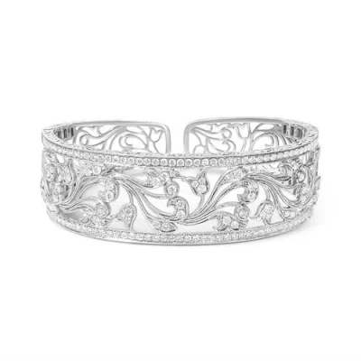 Haus Of Brilliance 18k White Gold 3 1/4 Cttw Pave Diamond Openwork Floral Filigree Swirl Bangle Cuff