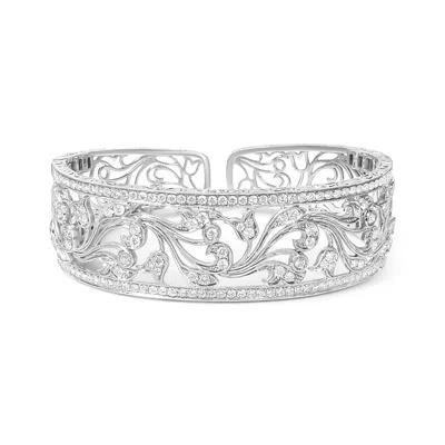 Haus Of Brilliance 18k White Gold 3 1/4 Cttw Pave Diamond Openwork Floral Filigree Swirl Bangle Cuff Bracelet