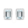 HAUS OF BRILLIANCE 18K WHITE GOLD 3/4 CTTW ROUND DIAMOND AND 13X9MM EMERALD CUT BLUE AQUAMARINE GEMSTONE HALO OMEGA STU