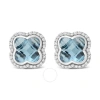 HAUS OF BRILLIANCE 18K WHITE GOLD 3/8 CTTW DIAMOND AND 11X11MM CLOVER-CUT LONDON BLUE TOPAZ GEMSTONE HALO CLOVER STUD E