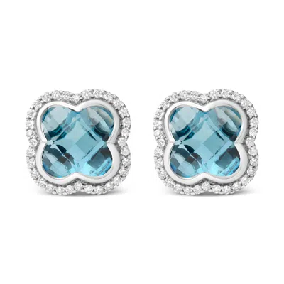 HAUS OF BRILLIANCE 18K WHITE GOLD 3/8 CTTW DIAMOND AND 11X11MM CLOVER-CUT LONDON BLUE TOPAZ GEMSTONE HALO CLOVER STUD E