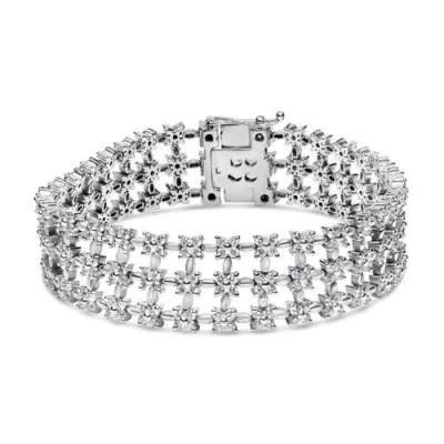 Haus Of Brilliance 18k White Gold 7 1/2 Cttw Diamond 3 Row Floral Link Bracelet