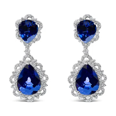 Haus Of Brilliance 18k White Gold Blue Sapphire And Diamond 2.00 Cttw Diamond Halo Drop And Dangle Earring In Multi