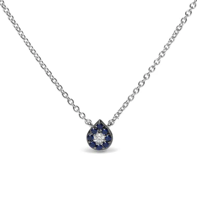 Haus Of Brilliance 18k White Gold Diamond Accent And 1mm Round Blue Sapphire Gemstone Halo Teardrop Pendant Necklace (g