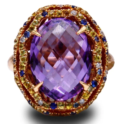 Haus Of Brilliance 18k Yellow And Rose Gold Claw Prong Set Checkerboard Cut Purple Amethyst Cocktail Ring Band (f-g Col In Two-tone