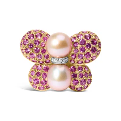 Haus Of Brilliance 18k Yellow And White Gold 9mm South Sea Pearl And Pink Sapphire Butterfly Pin Brooch With Diamond Ac In Multi