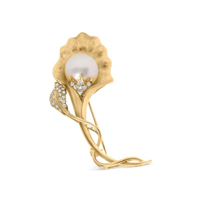 Haus Of Brilliance 18k Yellow Gold 2/5 Cttw Diamond And 12mm Cultured South Sea Pearl Flower Pin Brooch