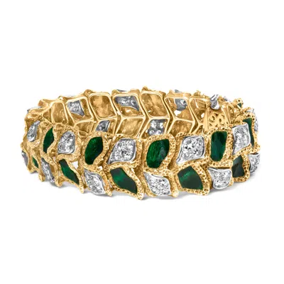 Haus Of Brilliance 18k Yellow Gold 3 1/4 Cttw Diamond And Green Enamel Gold Textured Bracelet