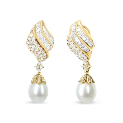 Haus Of Brilliance 18k Yellow Gold 7.0 Cttw Baguette And Round Diamond South Sea Pearl Drop Dangle Clip-on Earrings (f-
