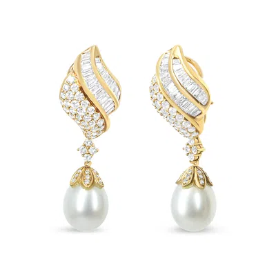 Haus Of Brilliance 18k Yellow Gold 7.0 Cttw Baguette And Round Diamond South Sea Pearl Drop Dangle Clip-on Earrings