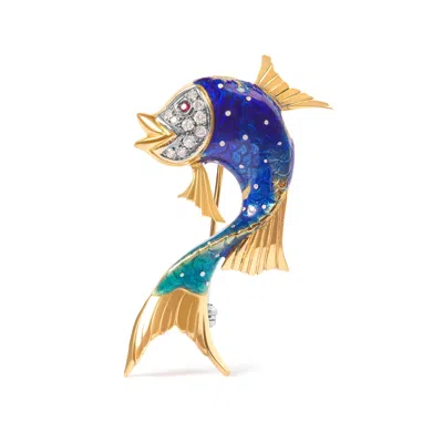 Haus Of Brilliance 18k Yellow Gold And Blue Enamel Diamond And Pink Sapphire Fish Brooch Pin