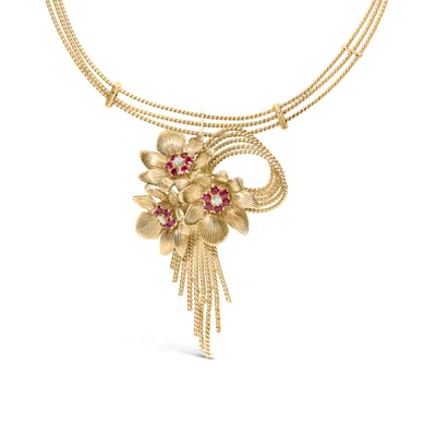 Haus Of Brilliance 18k Yellow Gold Diamond And Red Ruby Floral Cascade Statement Necklace With 16" Inch Bead Chain