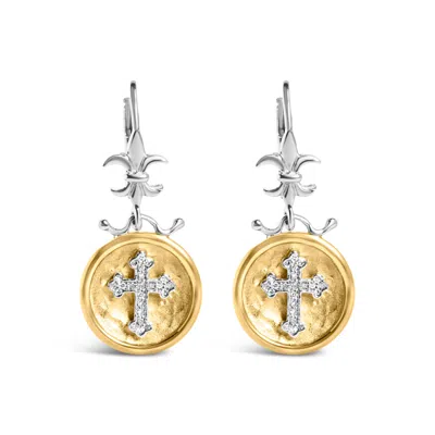 Haus Of Brilliance 18k Yellow Gold Plated .925 Sterling Silver 1/8 Cttw Diamond Hammered Finished Medallion With Cross In Multi