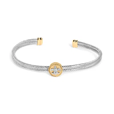 Haus Of Brilliance 18k Yellow Gold Plated .925 Sterling Silver Diamond Accent And Fleur Di Lis Medallion Bangle Bracele In Multi