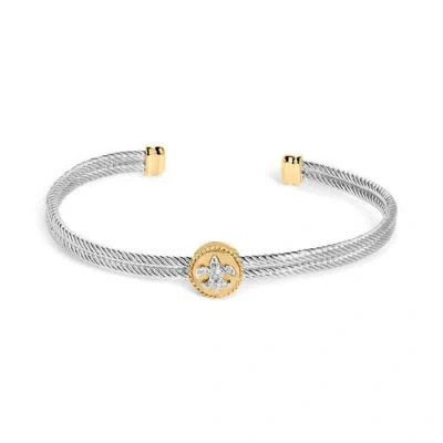 Haus Of Brilliance 18k Yellow Gold Plated Silver Diamond Accent And Fleur Di Lis Medallion Bangle