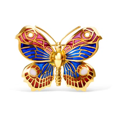 Haus Of Brilliance 18k Yellow Gold Red, Blue, And White Enameled Butterfly Brooch Pin