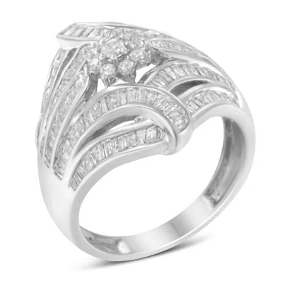 Haus Of Brilliance .925 Sterling Silver 1-1/8 Cttw Round & Baguette Diamond 'flower & Fern' Cluster Cocktail Fashion Ri In White