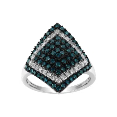 Haus Of Brilliance .925 Sterling Silver 1 Cttw White And Treated Blue Diamond Rhombus Cocktail Ring