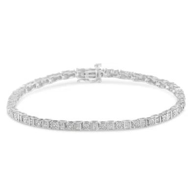 Haus Of Brilliance .925 Sterling Silver 1.0 Cttw Round & Baguette Cut Diamond 7" Alternating Round And Square Station T In White