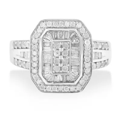 Haus Of Brilliance .925 Sterling Silver 1.0 Cttw Round And Baguette Cut Diamond Elongated Octagon Shaped Cocktail Ring In White