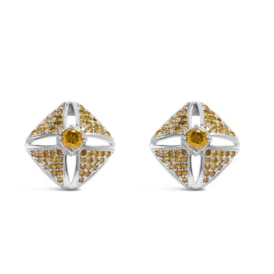 Haus Of Brilliance .925 Sterling Silver 1.0 Cttw Yellow Diamond Studded Rhombus Stud Earring In White