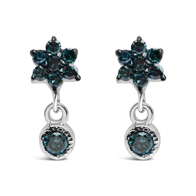 Haus Of Brilliance .925 Sterling Silver 1/10 Cttw Blue Diamond Star Stud With Bezel Drop Dangle Earrings In White