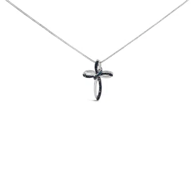 Haus Of Brilliance .925 Sterling Silver 1/10 Cttw Blue Diamond Swirl Ribbon And Cross Pendant Necklace In White