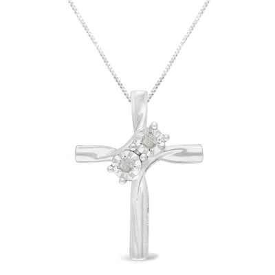 Haus Of Brilliance .925 Sterling Silver 1/10 Cttw Diamond Miracle-set 2 Stone 'together Forever' Curved Cross 18" Penda In White