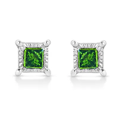 Haus Of Brilliance .925 Sterling Silver 1/10 Cttw Miracle Set Princess-cut Treated Green Diamond Stud Earrings In White