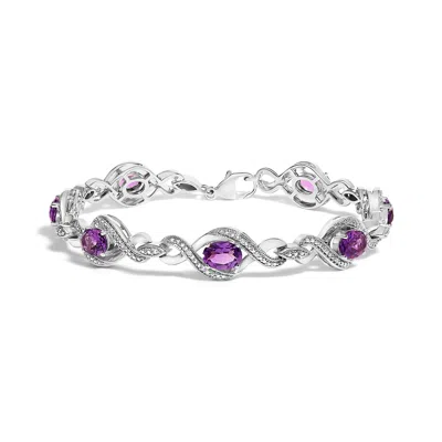 Haus Of Brilliance .925 Sterling Silver 1/10 Cttw Natural Round Diamond And 7x5mm Oval Amethyst Cross Tennis Bracelet In White