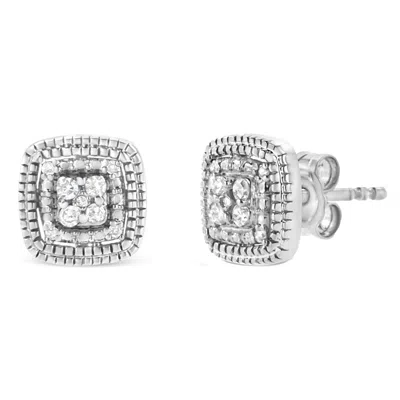 Haus Of Brilliance .925 Sterling Silver 1/10 Cttw Prong-set Round Cut Diamond Square Shape With Milgrain Halo Stud Earr In White