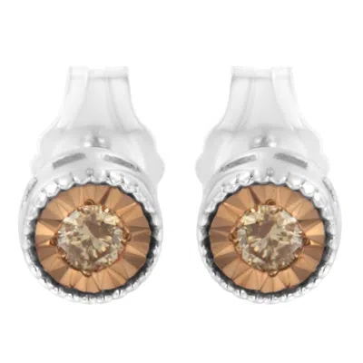Haus Of Brilliance .925 Sterling Silver 1/10 Cttw Round Brilliant-cut Champagne Diamond Miracle-set Stud Earrings In White