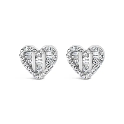 Haus Of Brilliance .925 Sterling Silver 1/2 Cttw Round And Baguette Diamond Composite Heart Shaped Stud Earring In White