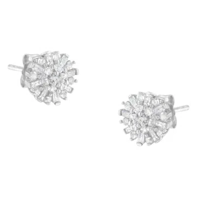Haus Of Brilliance .925 Sterling Silver 1/2 Round And Baguette Diamond Sunburst Floral Cluster Stud Earrings In White