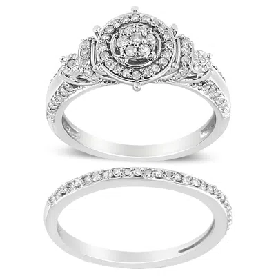 Haus Of Brilliance .925 Sterling Silver 1/3 Cttw Diamond 7 Stone Cluster And Halo Engagement Ring And Wedding Band Set In White